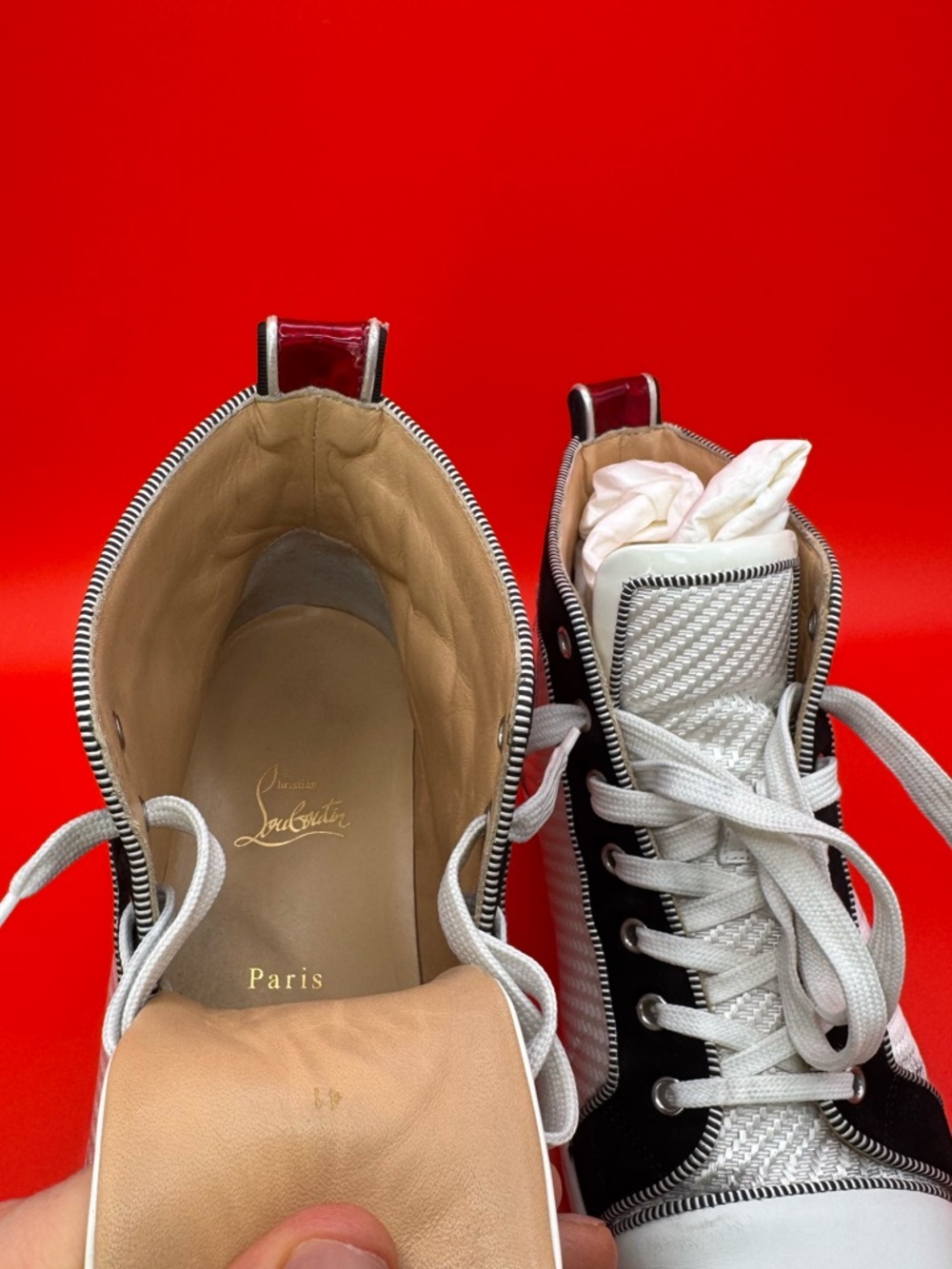 Christian Louboutin Fun Louis Flat High Top Sneaker White Woven Jacquard W Box - Picture 8 of 10